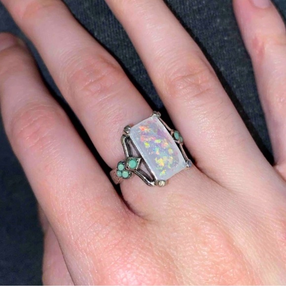RESTOCK New Vintage Style Fire Opal Rectangular Cocktail Ring -Silver Opal Retro - Picture 14 of 16
